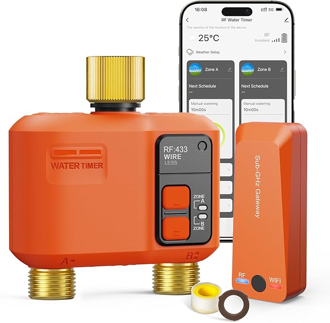 WiFi Water Timer for Garden Hose 2‑Zone, Smart Hose Timer with 984ft Long‑Range & Strong Wall‑Penetration, APP & Control,Voice Control, Rain Delay & Manual Mode, Brass Inlet & Outlet