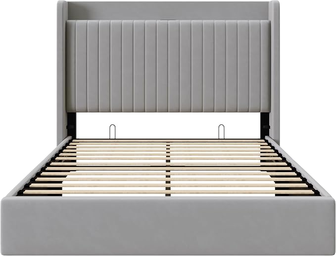 Allewie Full Lift Up Storage Hydraulic Bed Frame,Charging Station,Grey | Storage Shelf Headboard with Charging Station,Type-C,USB Ports,Hydraulic Support,Velvet Upholstered,No Box Spring Needed
