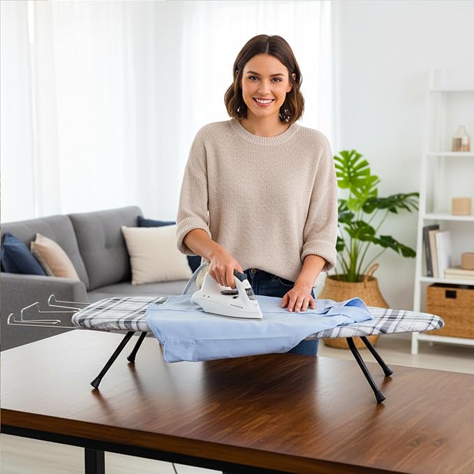 Metal Mesh Panel Tabletop Ironing Board | Foldable Iron Board | Heavy Duty Small Iron Board with Heat Resistant Cover and 100% Cotton 8mm Thicken Pad (Elegant)