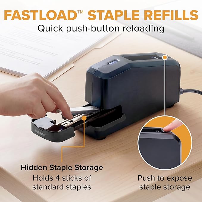 Bostitch Impulse Electric Stapler for Office, Classroom & Home, 30 Sheet Capacity, Fast No-Jam Automatic Stapling, Refill Alert & FastLoad System, Durable Design, Black, 1 Pack