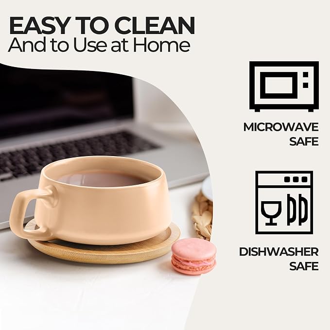 MIAMIO - Cappuccino Cup Set of 4, Ceramic (11oz) - Luxe (Beige Pastel) | Ceramic cappuccino cups and saucers, wide latte cups and mugs for Americano, 4-piece set of ceramic cups, dishwasher safe