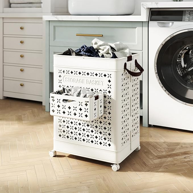 Giantex Collapsible Laundry Basket with Wheels, 75L Plastic Laundry Hamper | Foldable Dirty Clothes Hamper with Underwear Basket&Handles for Bathroom, Bedroom, Dorm Room&Laundry Room