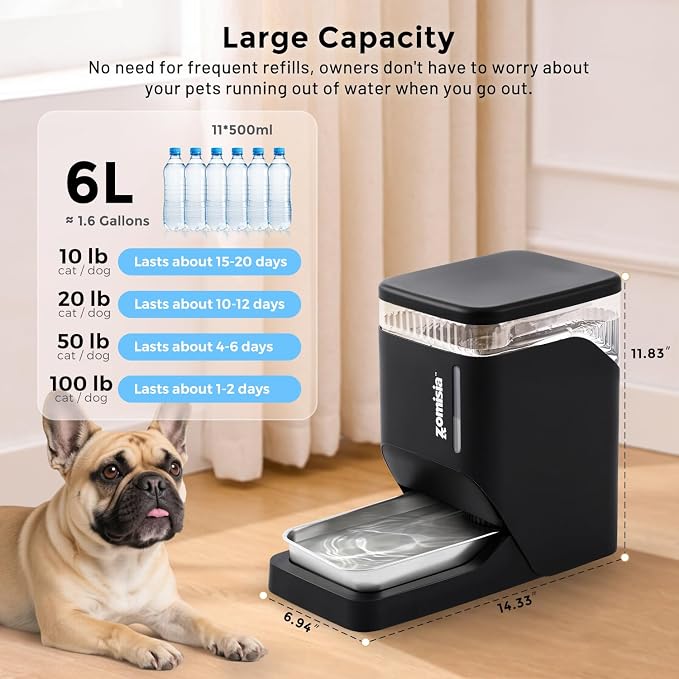 ZOMISIA Automatic Dog Water Dispenser 6L with Stainless Steel Bowl, Automatic Water Bowl Dispenser for Cats, 1.6 Gallon Pet Waterer 100% BPA Free, Black