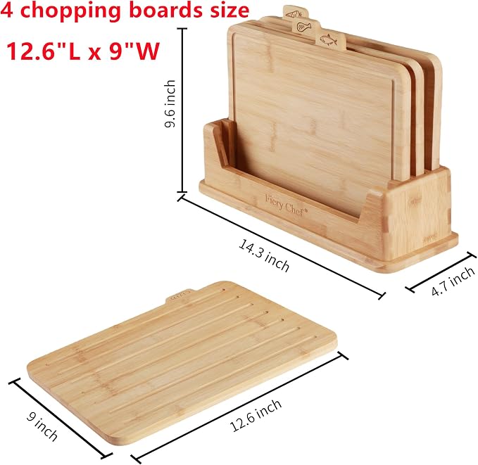 4 Piece Bamboo Cutting Boards with Food Icons & Stand, 12.6"L x 9"W | Thick & Durable, Deep Juice Groove, Non Toxic Real Wood, knife-friendly, Chopping Boards Set of 4 with Sturdy Holder