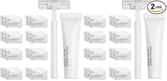 World Amenities Shave Kit (Clear Frosted Sachet) - Hotel Amenities 48 count - Includes Twin Blade Razor and Moisturizing Shave Cream (Pack of 2)