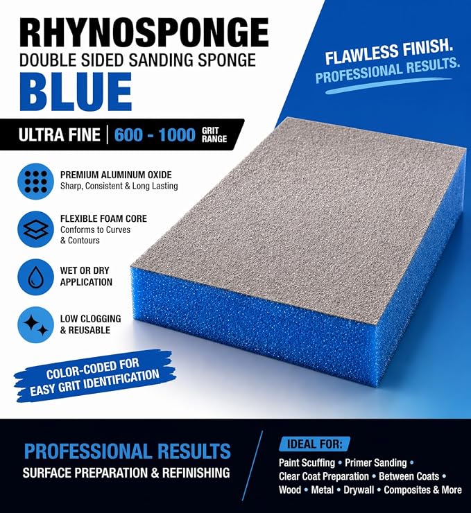 Indasa Rhyno Double Sided Sanding Sponge Pads – Aluminum Oxide, 4.75" x 3.75" x 1/2" – Flexible Foam Sanding Block (100 Pack) (Blue – Ultra Fine (600–1000 Grit))