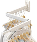 Wall Mounted Foldable Clothes Drying Rack, Heavy Duty 3-Fold Laundry Airer with Ring Hook Design, Space Saving Aluminum Rack for Balcony Bathroom Laundry Room,White Rings