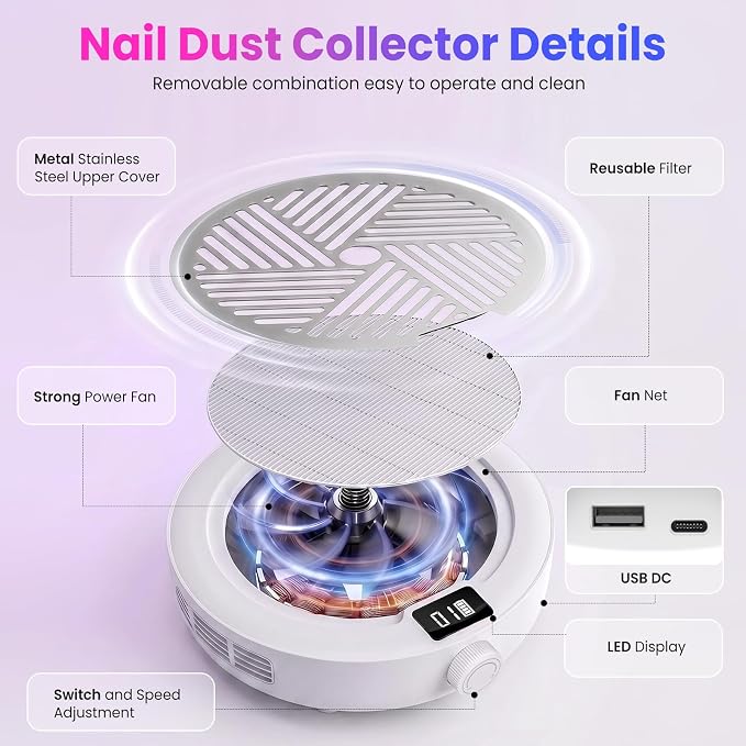 Nail Dust Collector for Home & Professional Tech, Cordless Rechargeable Vacuum Fan with 10 Speeds, Low Noise Strong Suction, Portable Dust Cleaner with 2 Filters & Brush Gift For Mother's Day