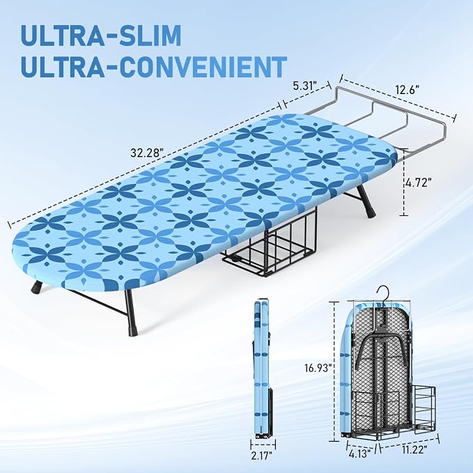 Small Ironing Board Tabletop with Iron Holder, Foldable Mini Iron Board with Iron Rest, Hook for Wall/Door Hanging, Dirt & Heat Resistant Cover, Portable for Home Apartment Travel Laundry Room Sewing
