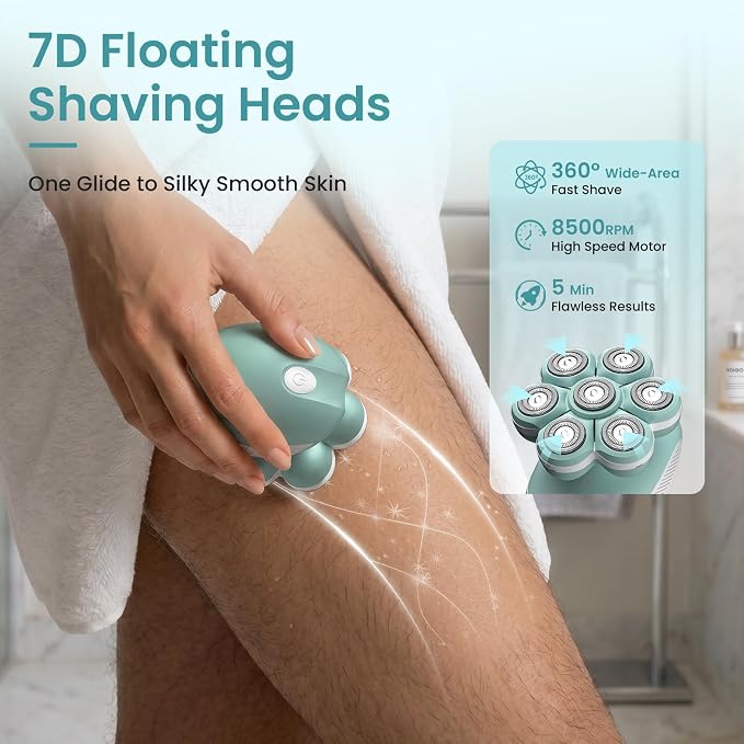 VIKICON 7D Electric Razors for Women Full Body, Smooth Painless Legs Shaver | 7D 360° Wide-Area Fast Shaving Heads, IPX6 Waterproof Wet & Dry Use, Bikini Hair Removal, LED Light, Travel Size, Green