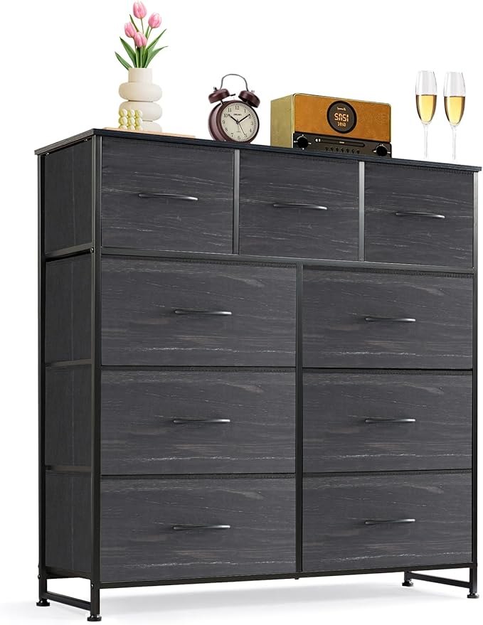 9-Drawer Dresser for Bedroom, Anti-Tip Tall Storage Organizer Chest of Drawers with Wooden Top and Metal Frame Fabric Bins for Closet, Living Room, Hallway, Entryway, Charcoal Black