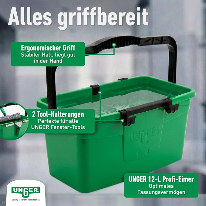 Unger AK015 Window Cleaning Kit PRO Set - Power Washer Sleeve, ErgoTec Squeegee, Bucket 18L, Liquid Glass Cleaner 1L, Safety Glass Scraper, Microfibre Cloth - Professional Window Cleaner, Green