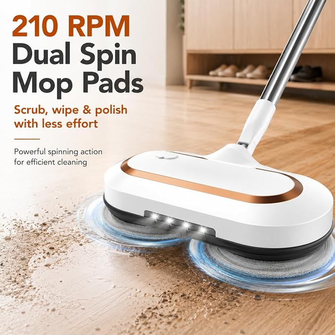AlfaBot Cordless Electric Mop, Dual Spin Power Floor Cleaner with LED Headlight and Water Spray, 60-Min Runtime Self-Propelled Mop with Adjustable Tube for Hardwood, Tile, Marble and Vinyl Floors