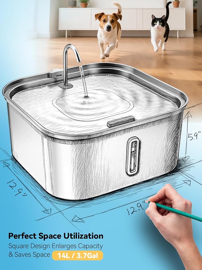 Large Dog Water Fountain 14L/3.7Gal, Stainless Steel Pet Fountain for Large Dogs and Multi-Pets Families, Visible Window & Extra Wide Drinking Area, Enlarges Capacity & Saves Space (with 7pcs Filters)