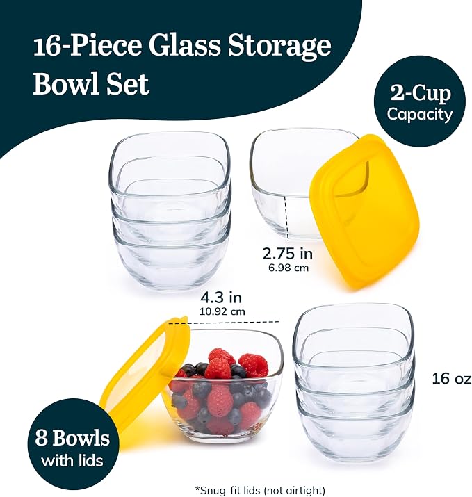 Libbey Serve It Glass Storage Bowls Set of 16 Stackable 2 Cup Food Storage Containers with Sung Fit Lids, Glass Bowls Set for Snacks, Leftover or Meal Prep