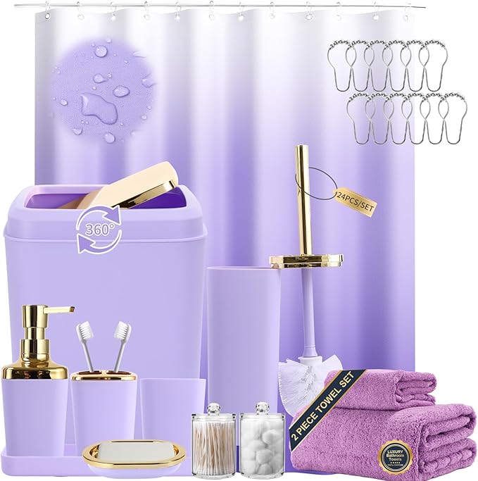XLHOMO Purple Bathroom Accessories, 24 Pieces Purple and Gold Bathroom Accessories Set with Shower Curtain, Bath Towels, Trash Can, Soap Dispenser and Soap Dish for Bathroom/Housewarming