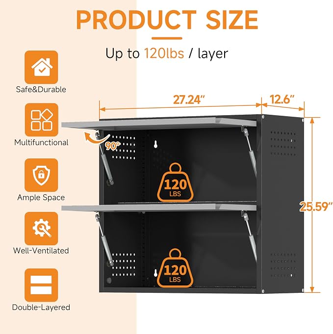 Metal Garage Wall Cabinet with Up-Flip Door, Black Float Tool Cabenit with 2 Doors,Upper Storage Cabinets with Pegboard for Kitchen,Garage,Workshop,Warehouse (25.6" H,Black&Gray)