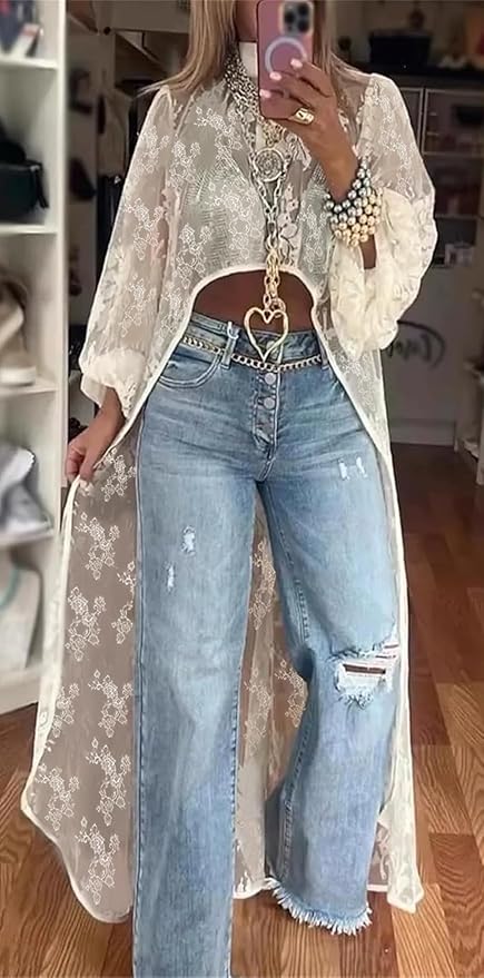 Women Sheer Long Sleeve Lace Duster Robe See Thru Mesh Short Front Long Back Casual Flowy Top Asymmetrical Coverup