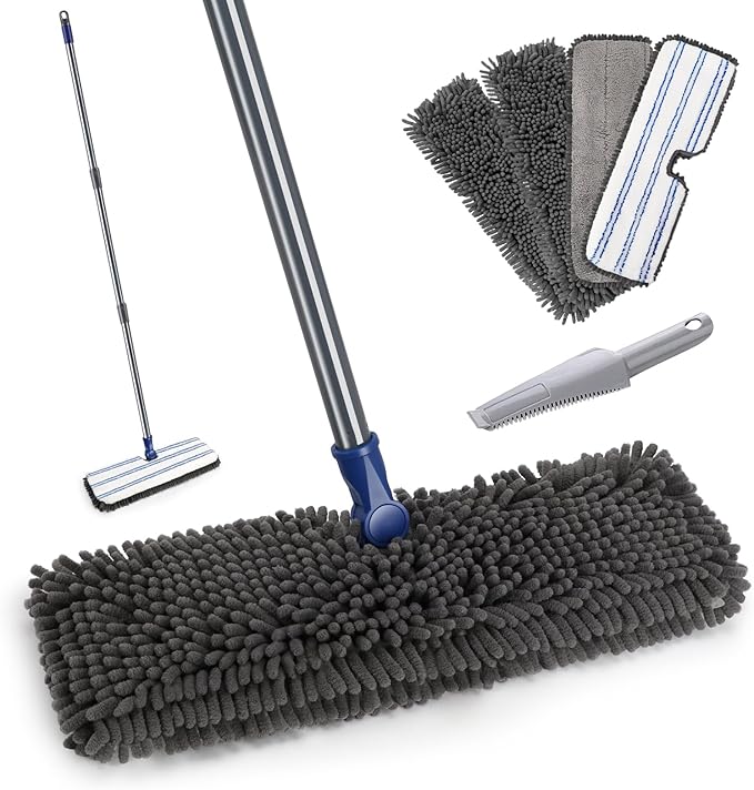 Masthome Dual Sided Flip Mop, Wet Dry Microfiber Dust Mop with 4 Pads & Scraper, 360° Swivel for Hardwood, Laminate, Tile, Pet Hair Cleaning