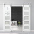 48" x 80" Pre-Assembled Double Barn Door and 12FT Sliding Door Hardware Kit Included, 5-Lites Frosted Glass White Sliding Barn Door for Closet Bathroom Bedroom, Solid & Water-Resistant MDF, Paintable
