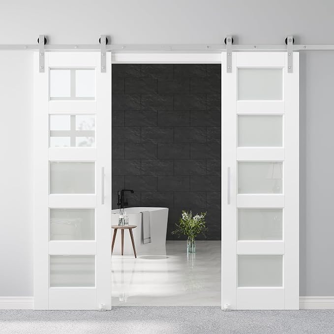 48" x 80" Pre-Assembled Double Barn Door and 12FT Sliding Door Hardware Kit Included, 5-Lites Frosted Glass White Sliding Barn Door for Closet Bathroom Bedroom, Solid & Water-Resistant MDF, Paintable