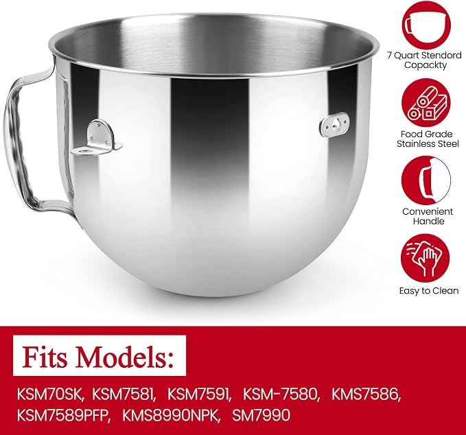 Stainless Steel Lift Bowl Compatible with Kitchenaid 7-qt. Mixing Bowl with Ergonomic Handle and Lid