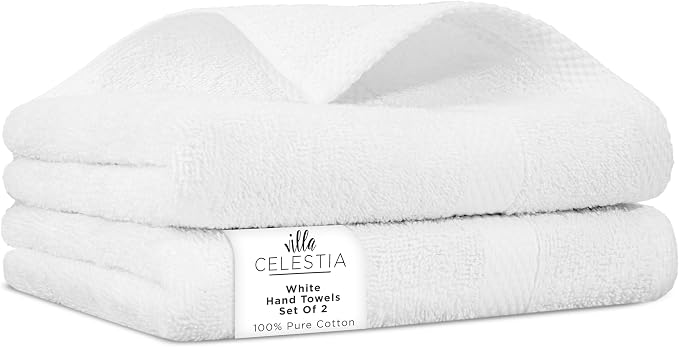 Villa Celestia 100% Cotton Hand Towel Set of 2, (16 x 28 inches) Sustainable, Soft, Highly Absorbent, Quick Drying, Combed Cotton Hand Towels Pack of 2 Ideal for Hotels, Spa, Bathroom, Dorm, White