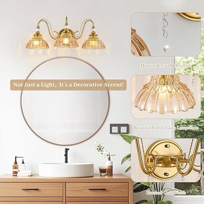 Vintage Bathroom Vanity Light, 3-Light Brushed Gold Finish Wall Sconce with Hanging Crystal Accents and Flower-Shaped Amber Glass Shades, Retro Wall Mount Vanity Light Over Mirror for Bathroom