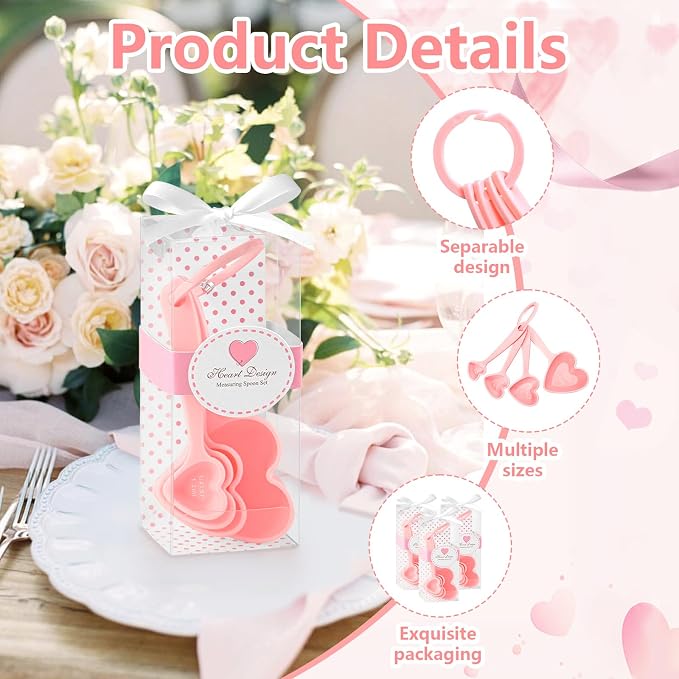 50 Set Heart Measuring Spoons: Wedding Bridal Shower Bulk Party Favors | Plastic heart measuring spoons with boxes and cards. Practical souvenirs for wedding guests and bridal shower.