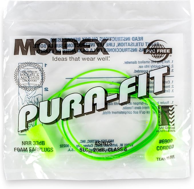 Moldex Pura-Fit Foam Earplugs – Soft, Comfortable, Corded, Disposable Ear Plugs, NRR 33dB Noise Reduction for Hearing Protection, Bright Green, Made in USA, 100 Pairs, 6900
