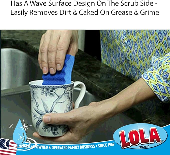 LOLA All Purpose Scrub Sponge, 24 Pack, Made in USA Scrub Sponge- Superior Technology, Non-Scratch, Long Lasting - Dishes, Mugs, Non-Stick Cookware