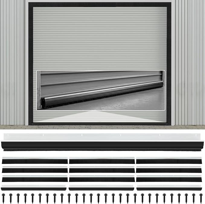DoubleFill 10 x 10 ft Complete Garage Brush Seal Kit, 3'' Roll up Door Seal and U and O Shape Universal Garage Door Seals Bottom Rubber with Brush and Aluminum Track Weatherproof for Warehouse
