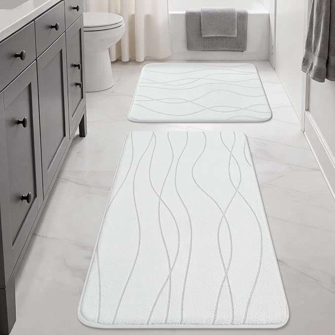 YIHOUSE Bathroom Rugs Set 2 Piece, Memory Foam Bath Mat White | 17x24& 20x32, Ultra Soft, Absorbent, Non-Slip, Machine Washable, for Bathroom, Sink and Toilet