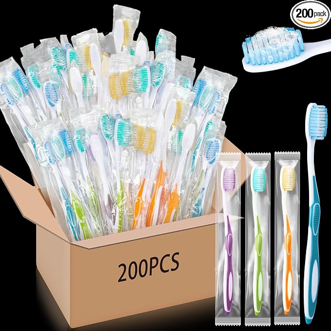 Maxcheck 200 Pack Colorful Prepasted Disposable Toothbrushes Bulk Individually Wrapped Toothbrushes with Toothpaste for Travel Hotel Donation Homeless Gift (Blue,Orange,Green,Purple)