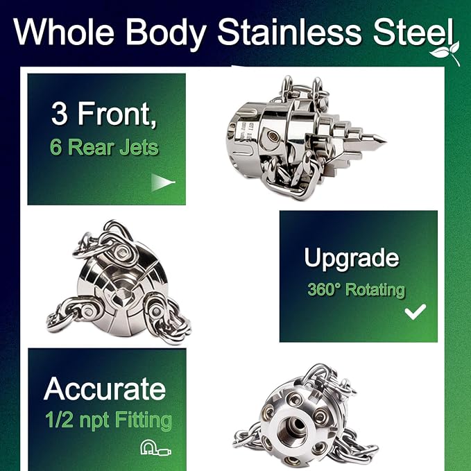 1/2 NPT Sewer Jetter Rotating Nozzle - Cutting Roots, for 2900 psi, 40L/Min (10.57GPM) Pressure Washers, Stainless Steel Drain Cleaning Tool, for Household sewers, Commercial Pipelines