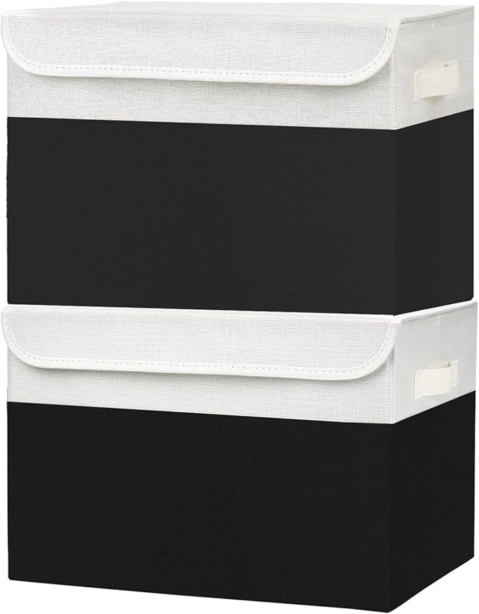 Bagnizer Large 42 Quarts Fabric Storage Bins with Lids [2-Pack] Linen Collapsible Foldable Baskets, Closet Organizer Containers boxes with Handles for Home Office (16.7 x 12 x 12, Black & White)