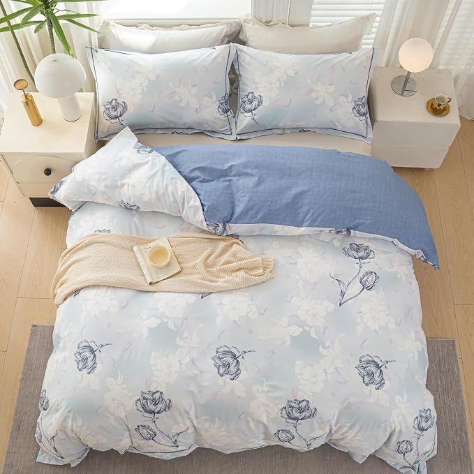 OAITE Duvet Cover Set Queen Size Floral Pattern 500 Thread Count Ultra Soft 100% Cotton Duvet Cover Sets 3-PC, Breathable Duvet Cover with Zipper Closure & Corner Ties