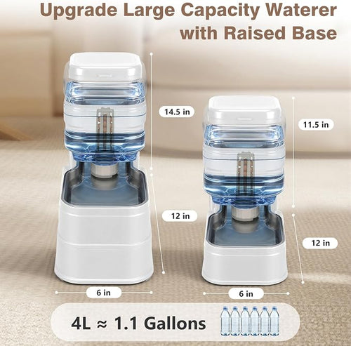 1.1 Gallon Pet Automatic Dog Water Dispenser Cat Gravity Waterer Feeder with Stainless Steel Bowl 8L Large Capacity Puppy Feeding Raised Bowls with Filter,Ice Pack (White, 4L(1.1 Gallon))