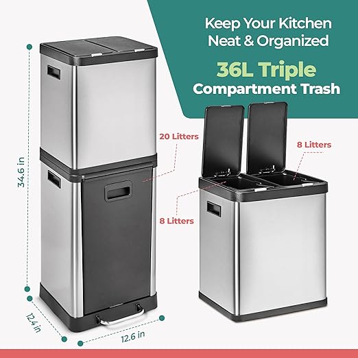 HOLDN’ STORAGE 36L Triple-Compartment Trash & Recycling Bin for Kitchen, Multi-Access Opening, Odor Control, Stainless Steel, 3 Trash Bag Rolls Included
