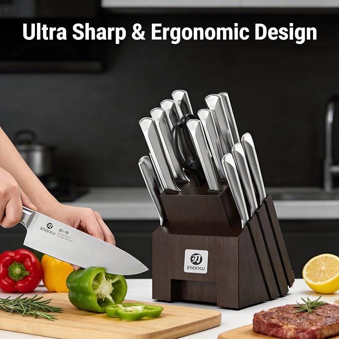 imarku 16-Pieces High Carbon Japanese Stainless Steel Knife Set with Block | Kitchen Knife Set|15°Precision Edge |56±2 HRC Hardness|Built-in Sharpener|Ergonomic Handles|Gifts Mom & Dad