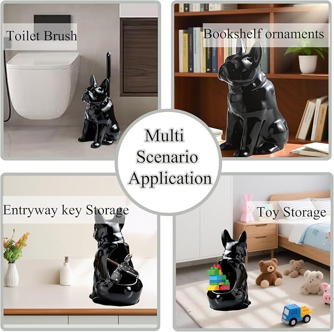 Ceramic French Bulldog Toilet Brush Holder – Hideaway Storage & Secure Fit, Space-Saving Design, Premium Ceramic Dog Lover Gift, Includes 2 Durable Scrub Brushes (Black)