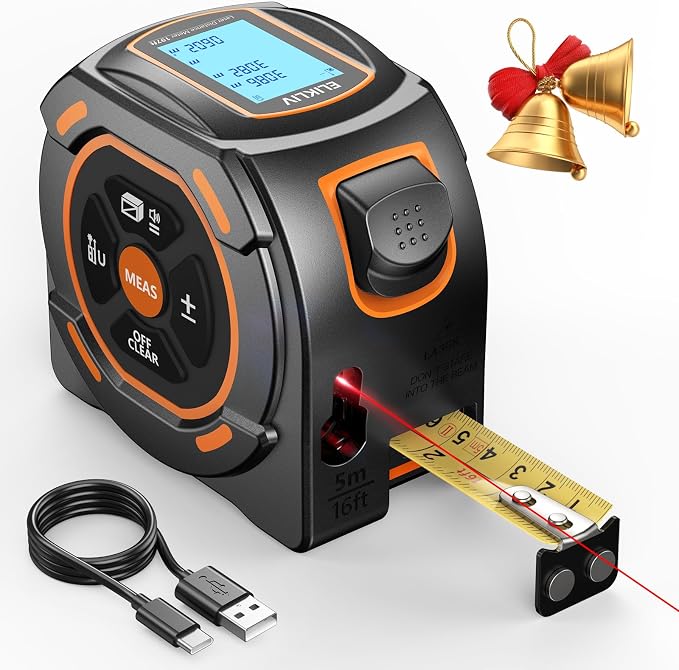 Laser Tape Measure 2-in-1, 197Ft Laser & 16Ft Digital Tape Measure | LCD Display, Pythagorean Mode, Area/Volume Calculation, USB-C Rechargeable, For Woodworking and Construction
