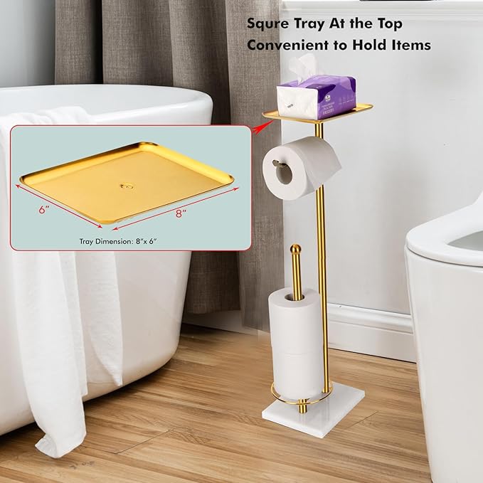 Toilet Paper Holder with Tray At the Top, Sturdy Marble Base No Wobby, Holding Extra 3 Toilet Paper Rolls As Spare Use, Freestanding No Drilling (Gold)