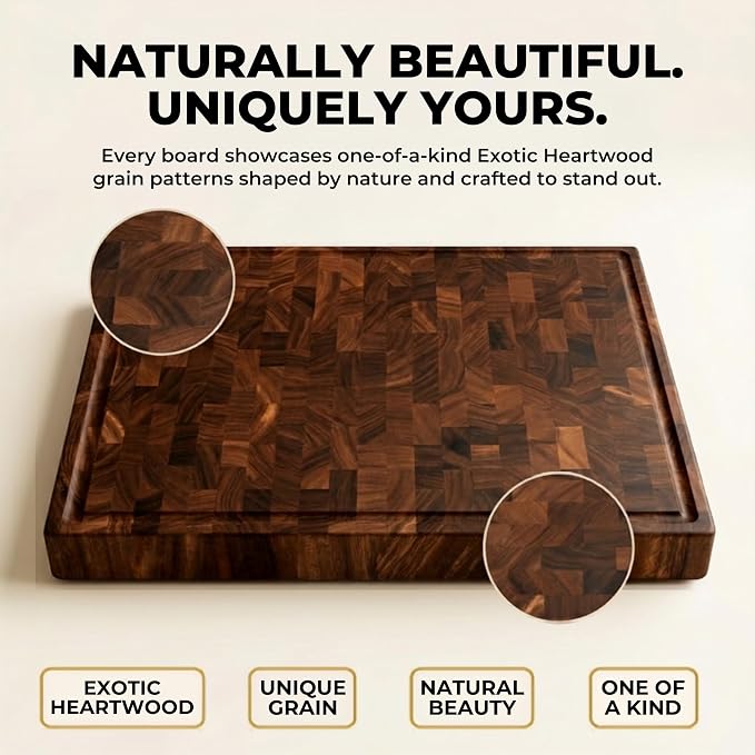 SHUMARU XXXL End Grain Cutting Board 24 x 18 x 2 Inch Thick, Premium Exotic Heartwood Butcher Block, Knife-Friendly Wood Chopping Block with Juice Groove, Non-Slip Feet & Side Handles