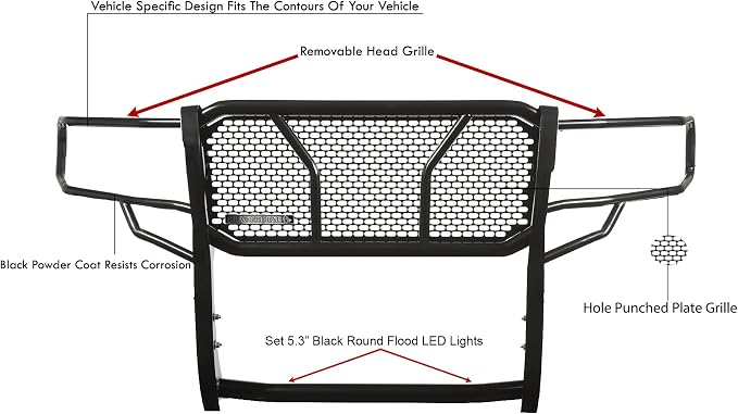 Black Horse Rugged Heavy Duty Grille Brush Bumper Guard Modular Black Come with Pair of 5.3" Dia.LED Lights with Black Trim Rings Compatible with 2019-2021 GMC Sierra 1500-RU-GMSI19-B-PLFB