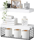 QEEIG Bathroom Shelves Over Toilet - Wall Mounted Floating Shelves Toilet Paper Storage Small Farmhouse Decor Shelf 16 inch Set of 2, White and Black (019-WB2)