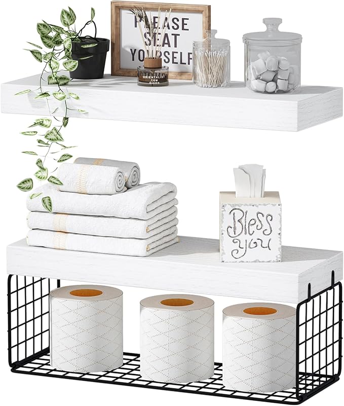 QEEIG Bathroom Shelves Over Toilet - Wall Mounted Floating Shelves Toilet Paper Storage Small Farmhouse Decor Shelf 16 inch Set of 2, White and Black (019-WB2)