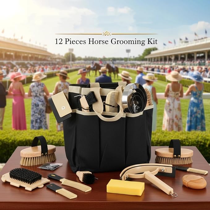 Abbylike 12 Piece Horse Grooming Kit with Organizer Tote Bag Brush Sets for Derby Day Show Horses Professional Tools for Care & Massage(Khaki and Black)