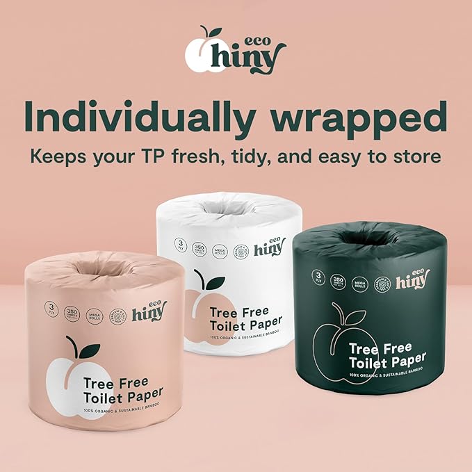 ecoHiny Premium & Soft Bamboo Toilet Paper | PFAS Free | 24 Mega Rolls, 3 ply & 350 Sheets | Non Toxic, FSC Certified, Septic Safe, BPA Free | Tree Free Toilet Tissue | Plastic Free Packaging