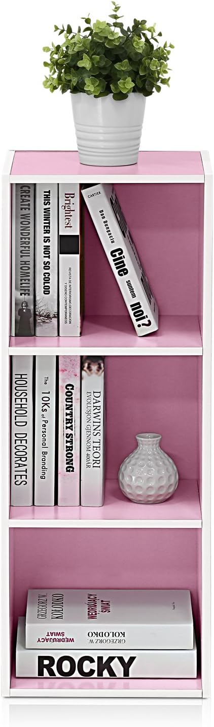 Furinno LUDER Book Shelf, 3-Cube Bookshelf, Bookcase with Open Shelves, 9.3 x 12 x 31.5, Easy Assembly, for Living Room, Bedroom, Home Office, White/Pink